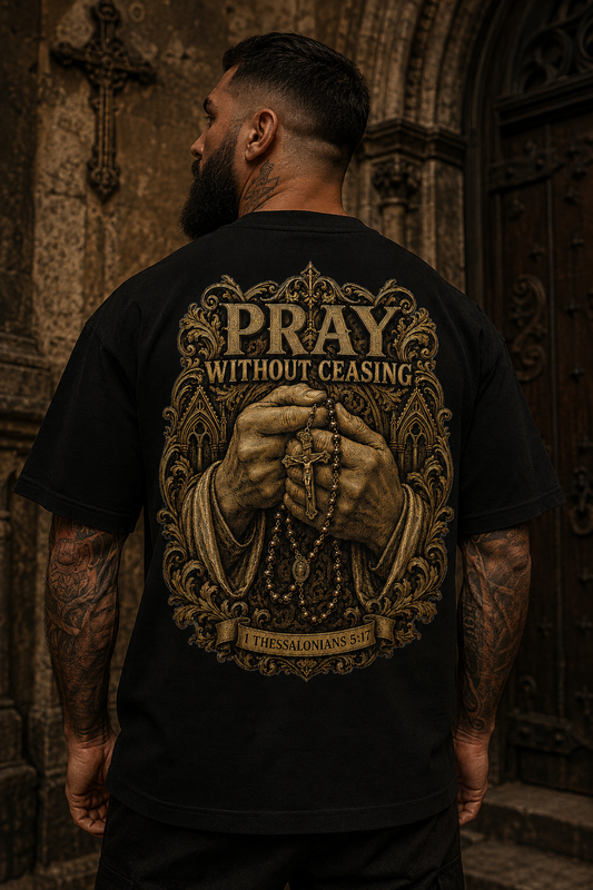 Pray Without Ceasing Oversized Christian T-Shirt, Heavyweight Rosary Back Print
