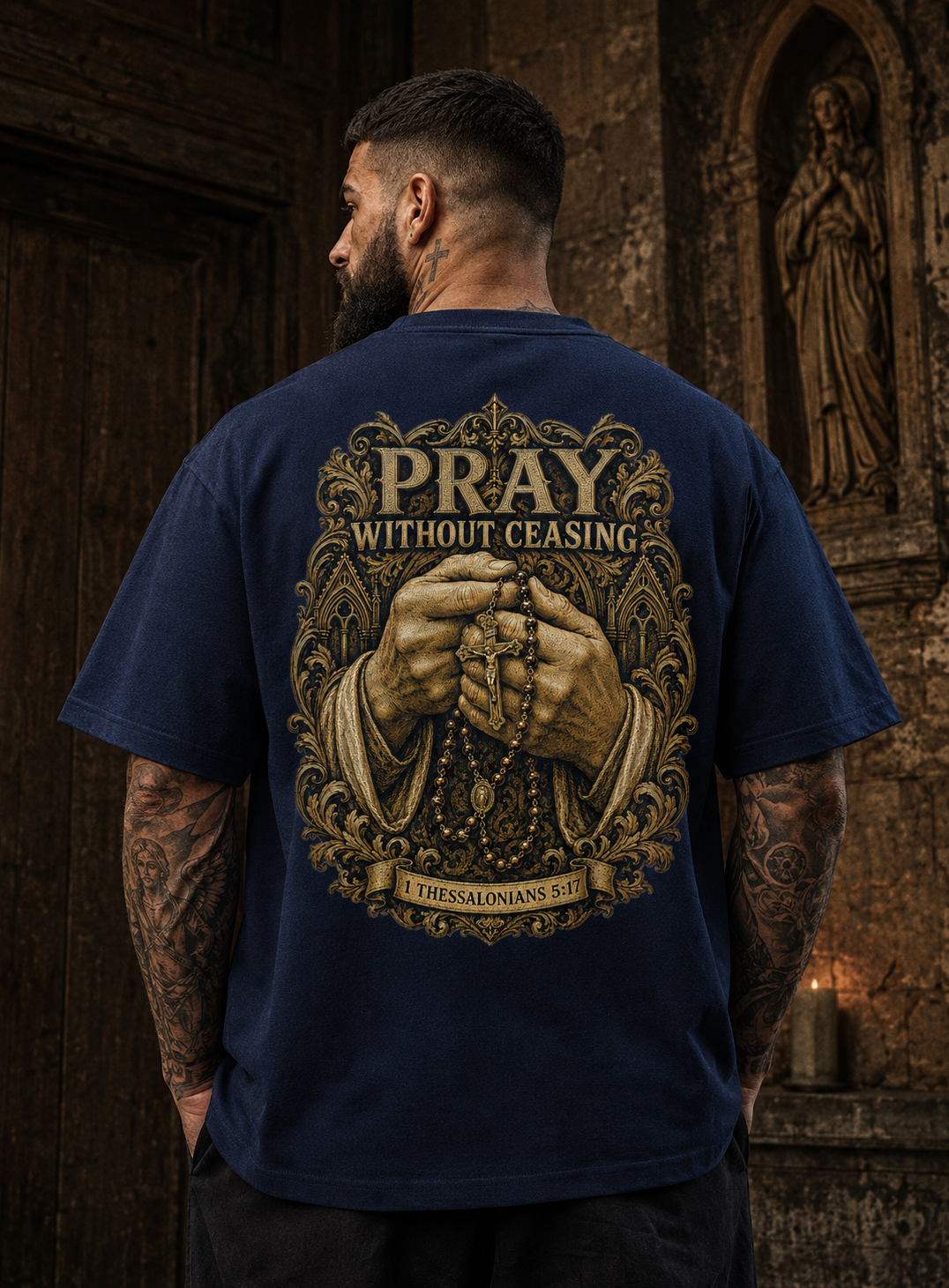 Pray Without Ceasing Oversized Christian T-Shirt, Heavyweight Rosary Back Print