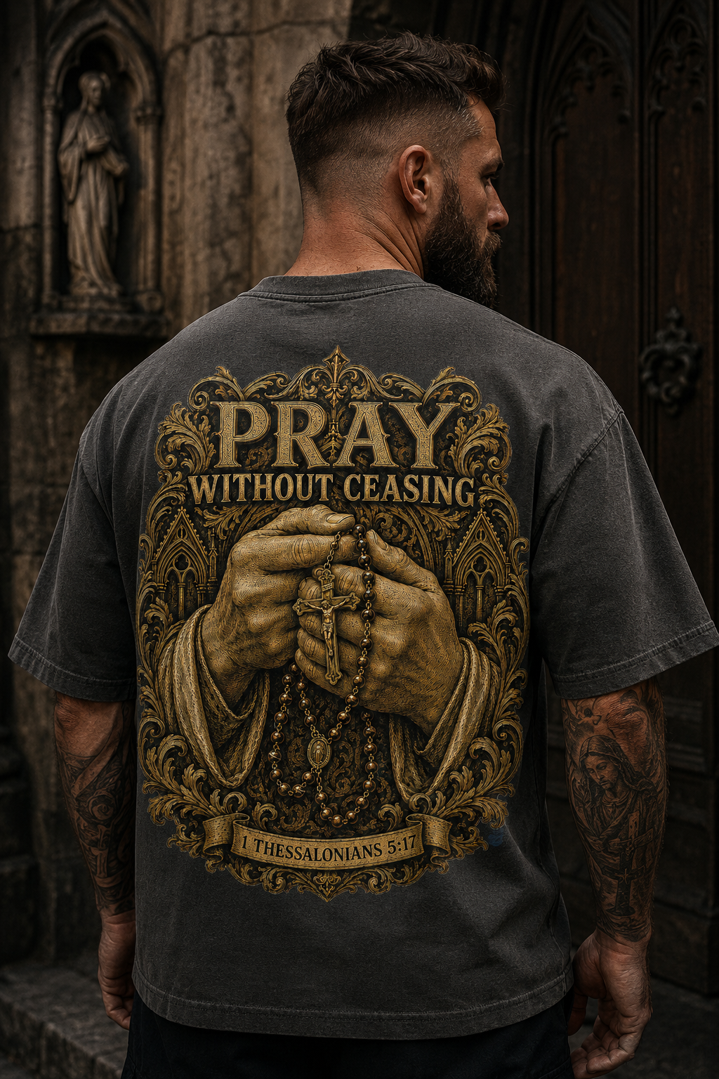 Pray Without Ceasing Oversized Christian T-Shirt, Heavyweight Rosary Back Print