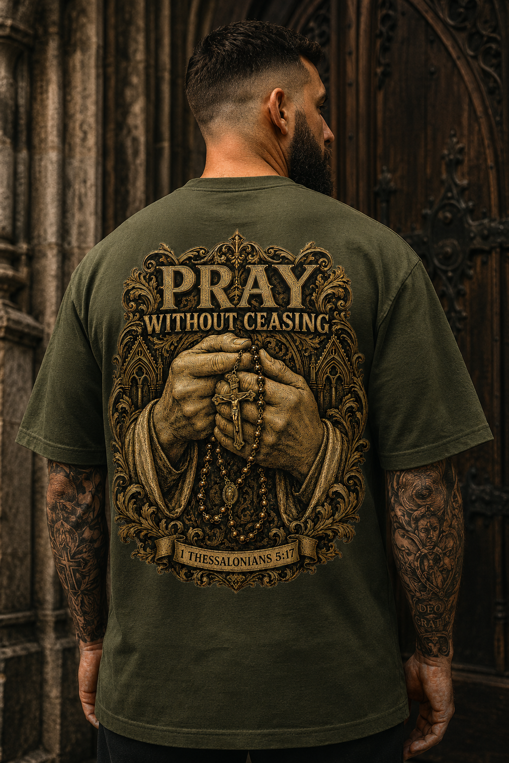 Pray Without Ceasing Oversized Christian T-Shirt, Heavyweight Rosary Back Print
