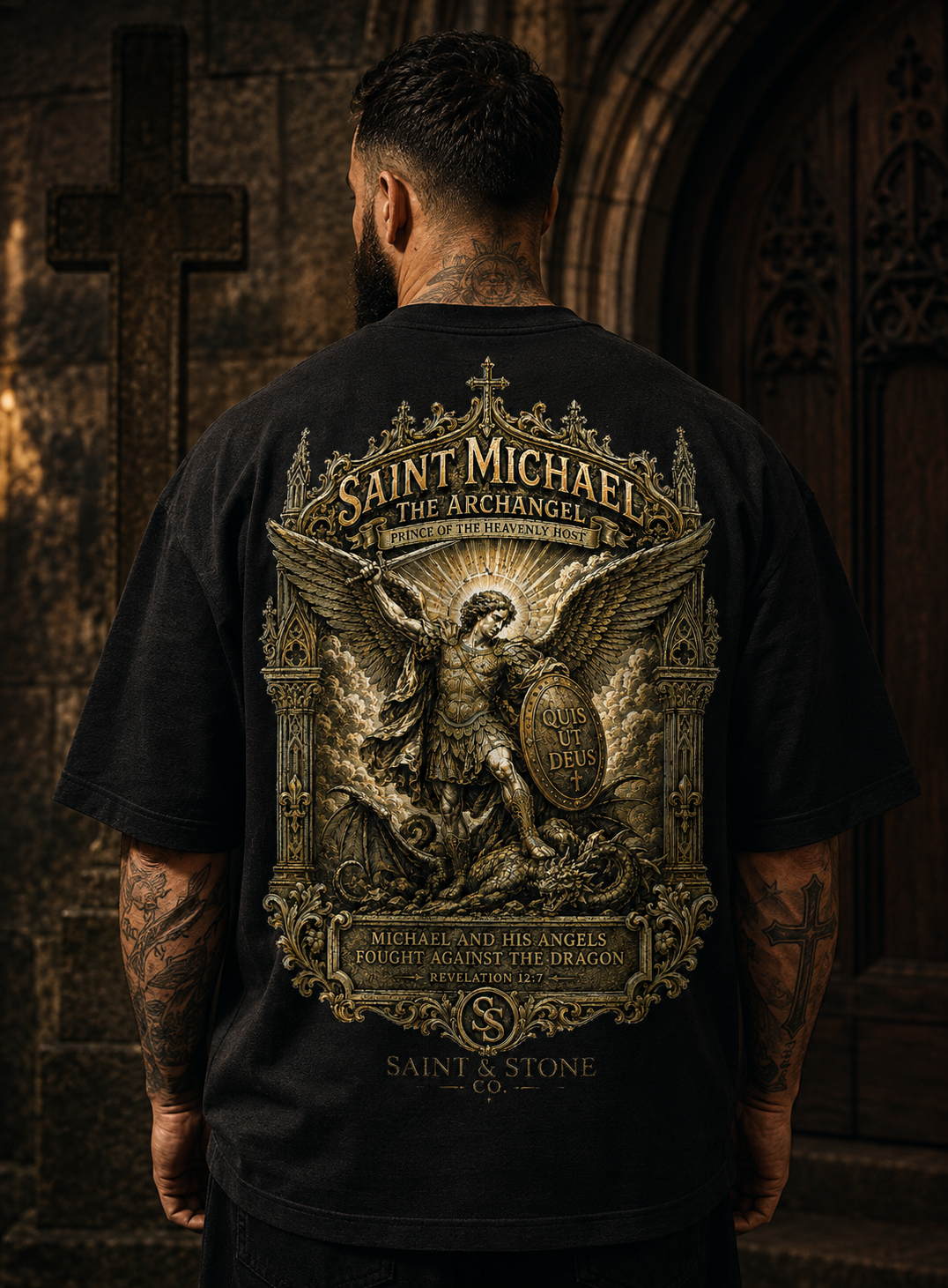 Saint Michael Archangel Oversized Christian T-Shirt | Revelation 12:7 Catholic Streetwear