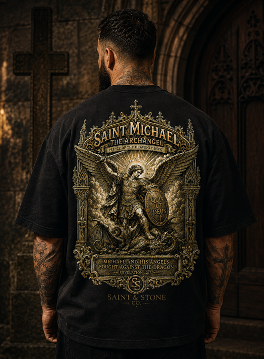 Saint Michael Archangel Oversized Christian T-Shirt | Revelation 12:7 Catholic Streetwear