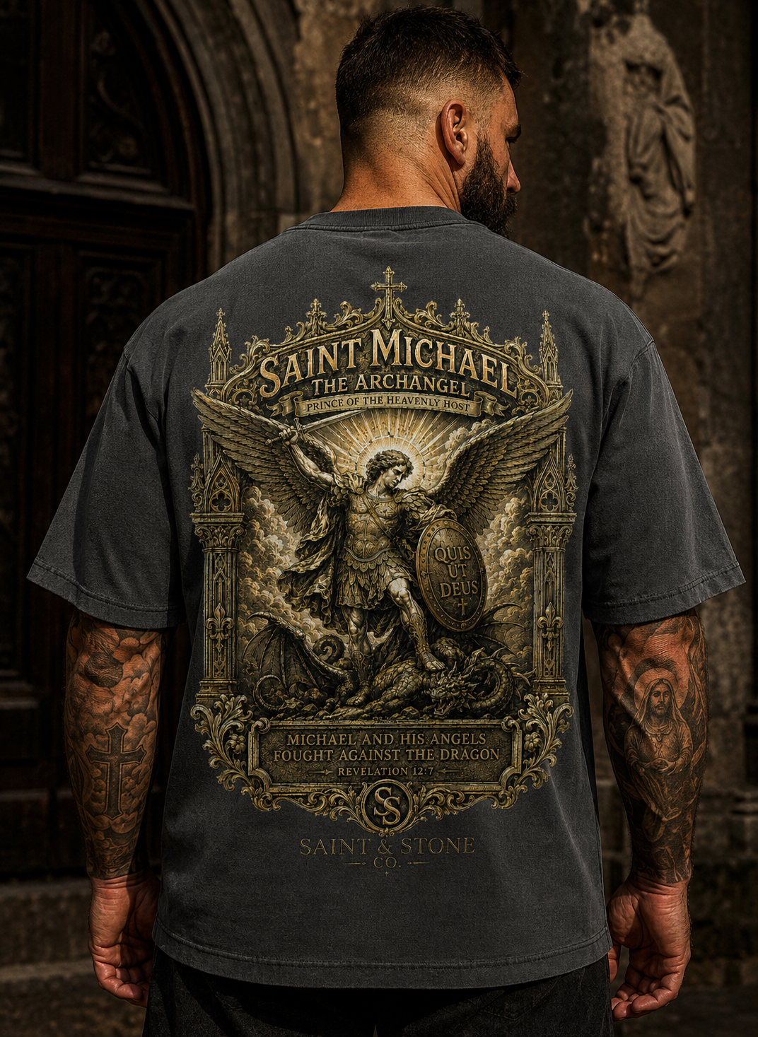 Saint Michael Archangel Oversized Christian T-Shirt | Revelation 12:7 Catholic Streetwear