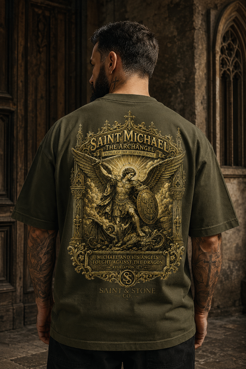Saint Michael Archangel Oversized Christian T-Shirt | Revelation 12:7 Catholic Streetwear