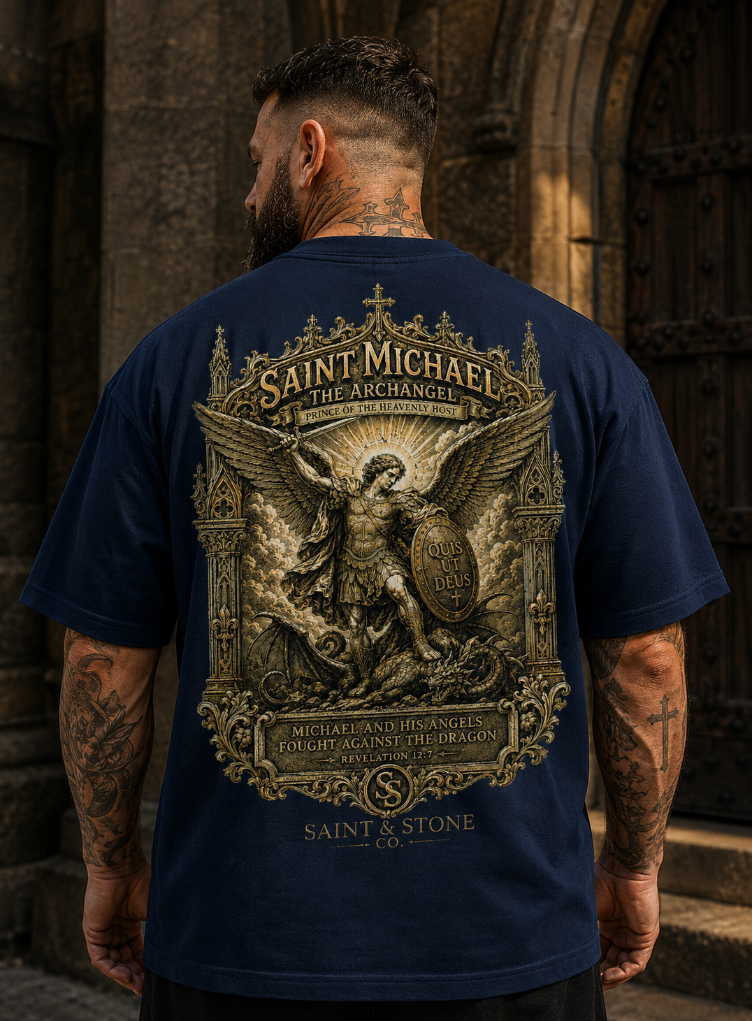 Saint Michael Archangel Oversized Christian T-Shirt | Revelation 12:7 Catholic Streetwear