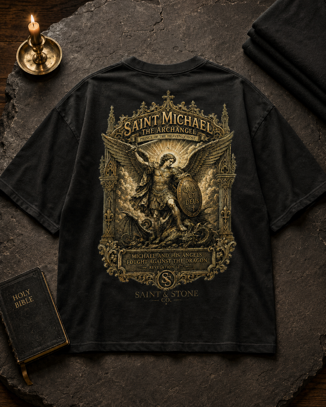 Saint Michael Archangel Oversized Christian T-Shirt | Revelation 12:7 Catholic Streetwear